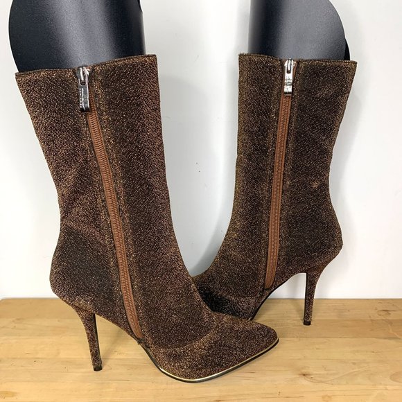 NICOLE MILLER NYC Logan Bronze Glitter Pointed Toe Heeled Boot Sz 8.5 - Picture 5 of 11